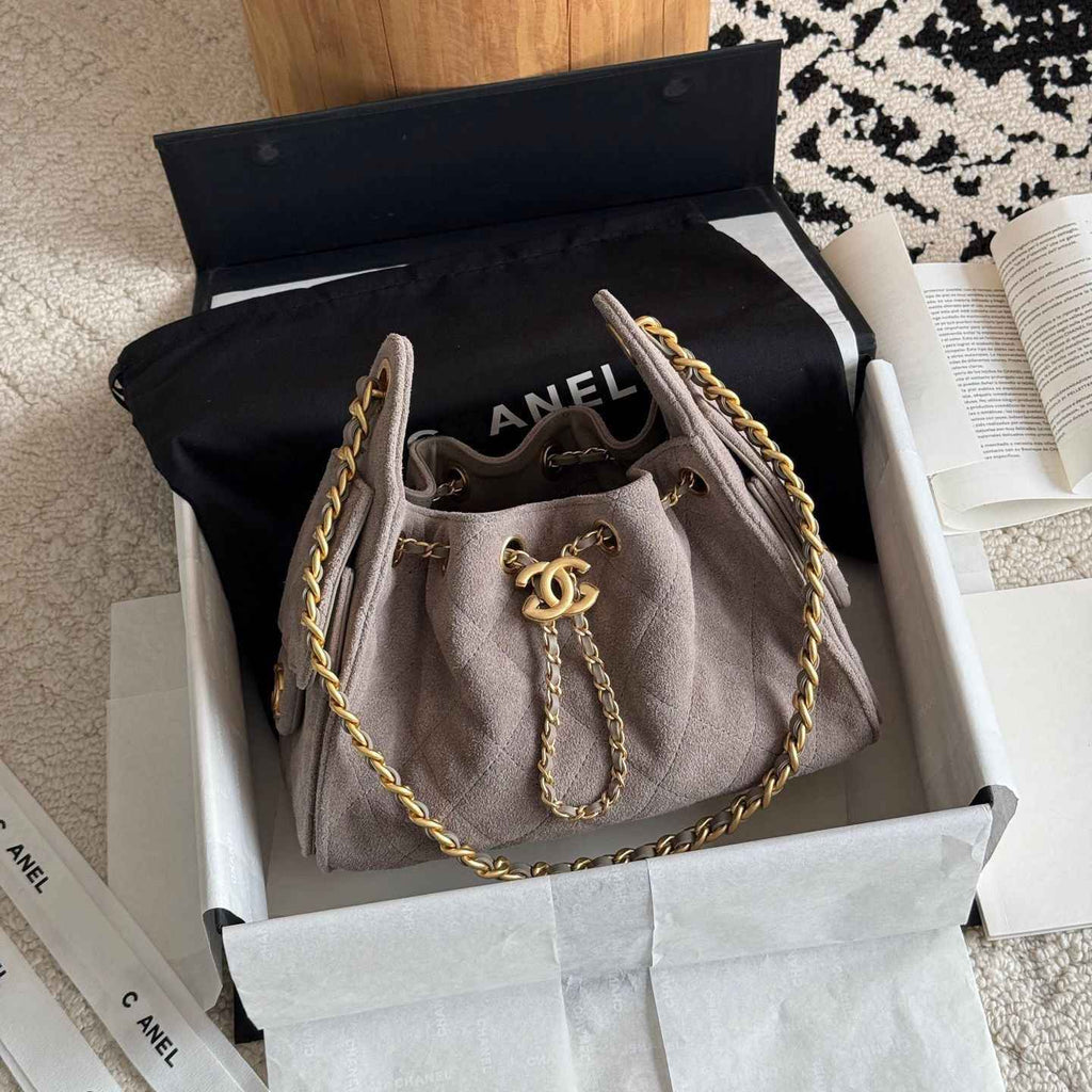 Quilted Bucket Bag — Metallic & Earth