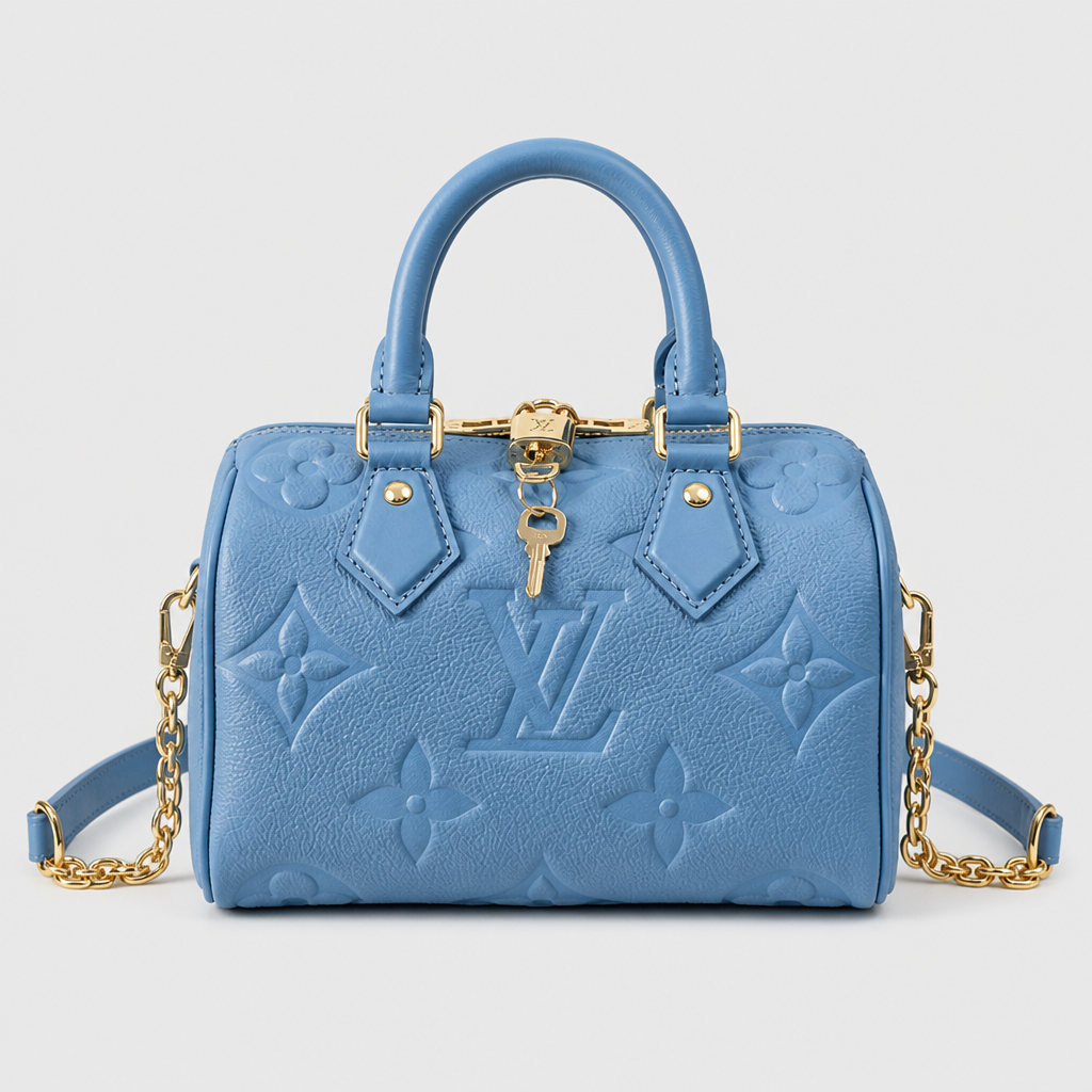 Blue Embossed Top Handle Bag — Straight front — Blue Embossed