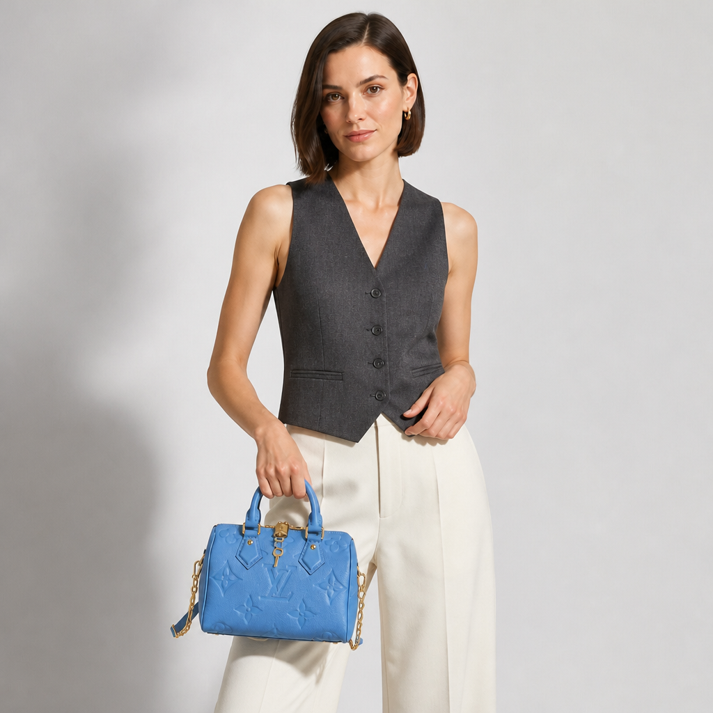 Blue Embossed Top Handle Bag — model a studio — Blue Embossed