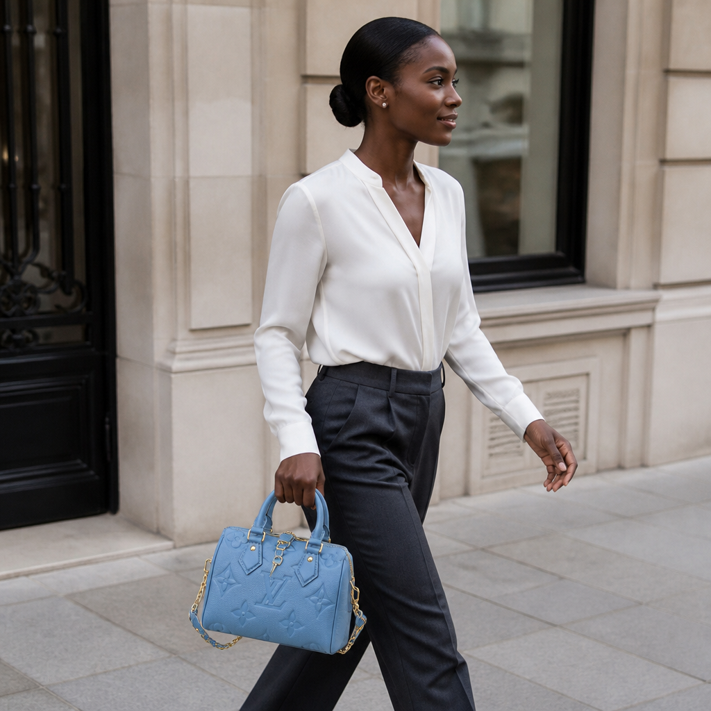 Blue Embossed Top Handle Bag — model b walking — Blue Embossed