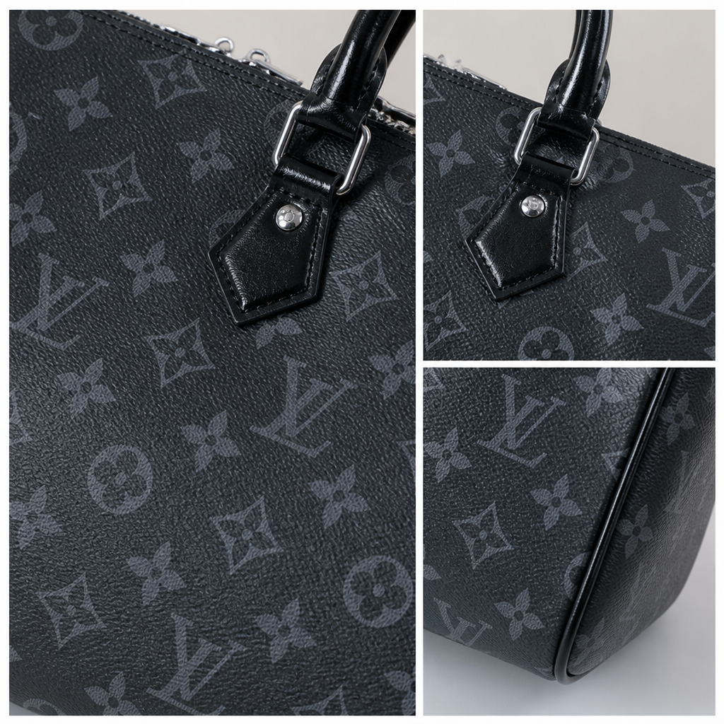 Draped Chain Monogram Satchel — detail collage — Black & Gray Monogram — Gold Chain — Ref 40