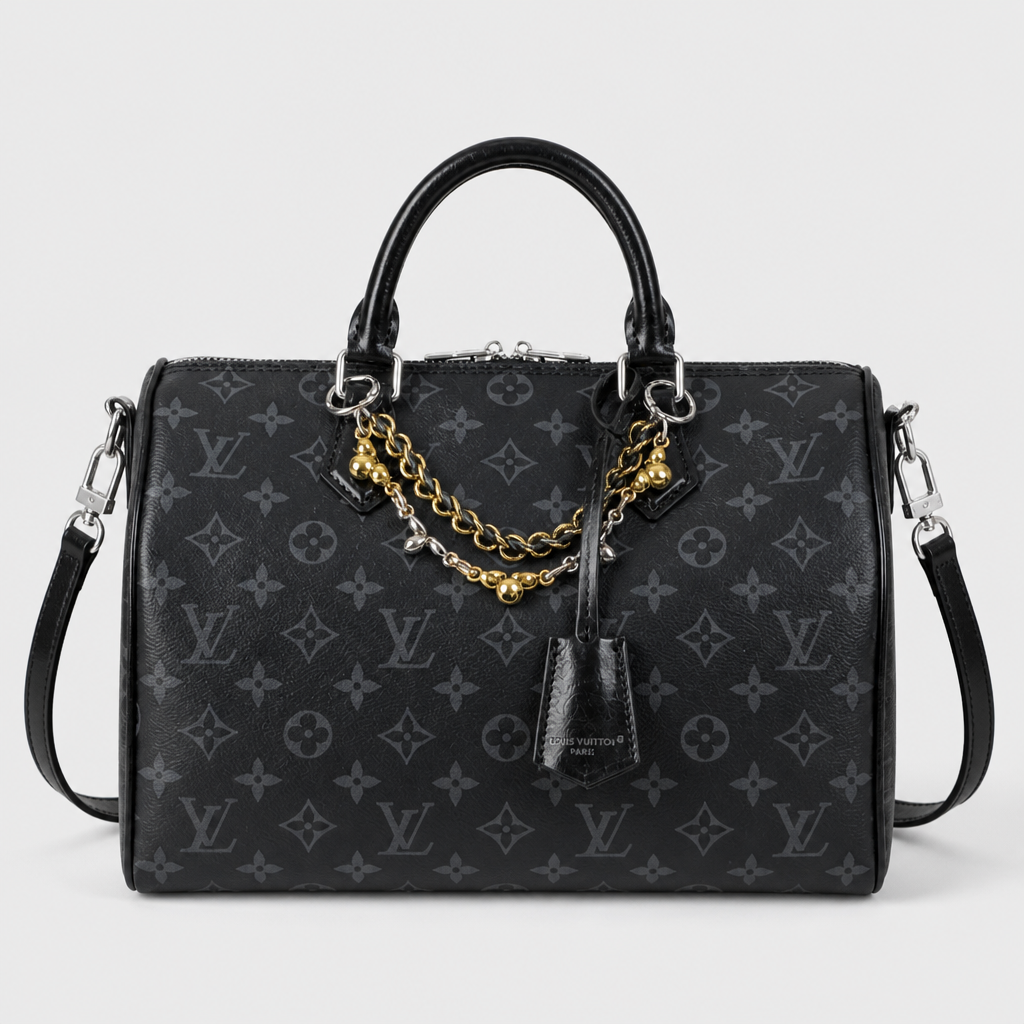 Draped Chain Monogram Satchel — front 1 — Black & Gray Monogram — Gold Chain — Ref 40