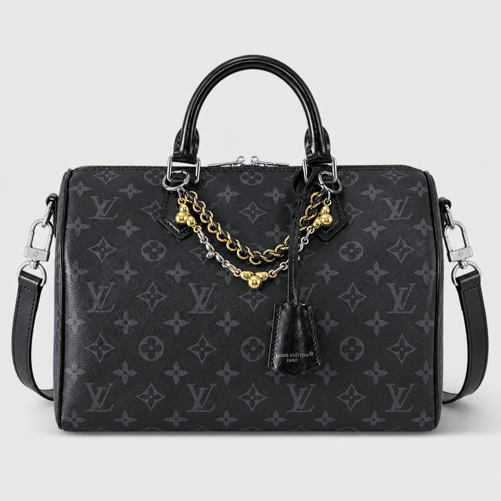 Draped Chain Monogram Satchel — front 2 — Black & Gray Monogram — Gold Chain — Ref 55