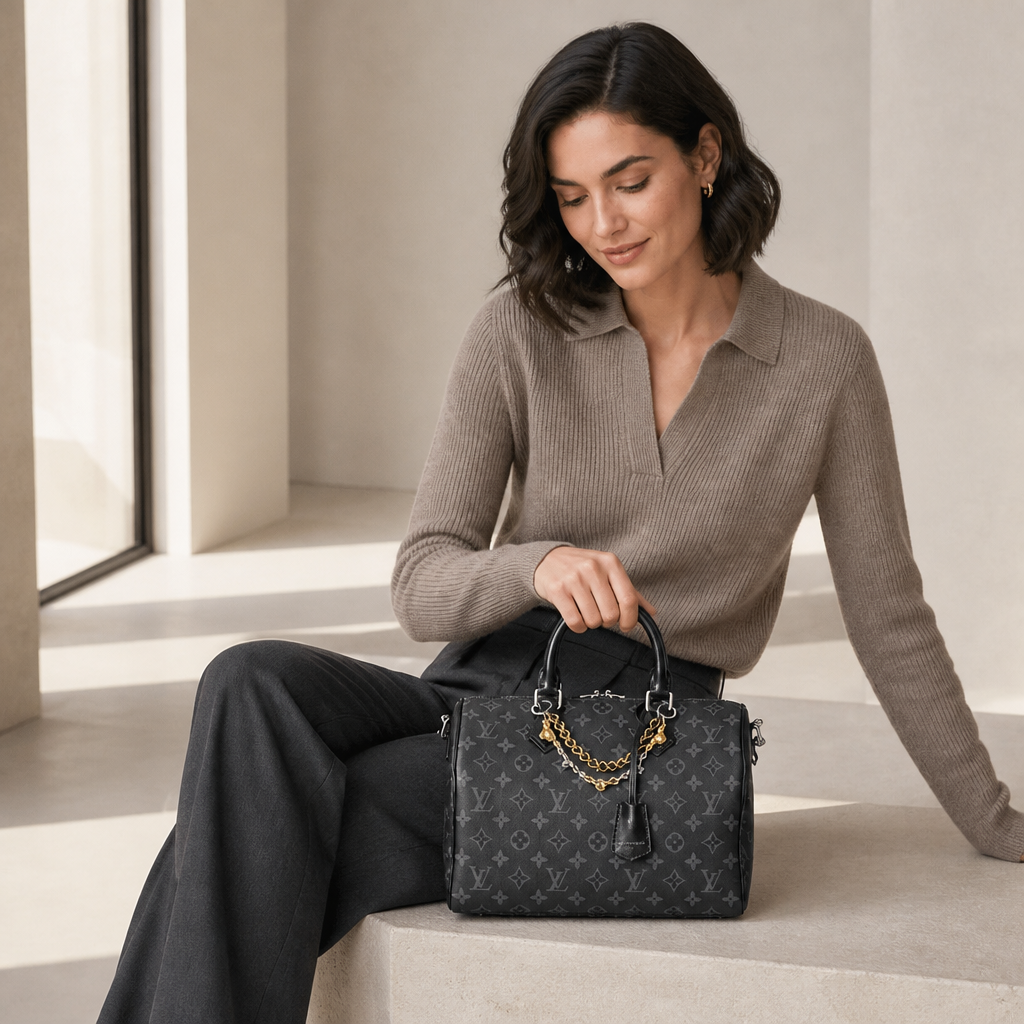 Draped Chain Monogram Satchel — model a lifestyle — Black & Gray Monogram — Gold Chain — Ref 55