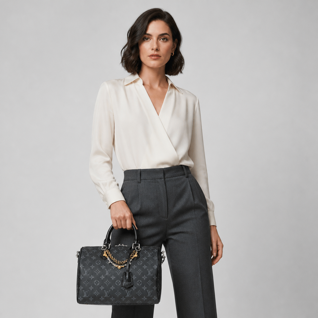 Draped Chain Monogram Satchel — model a studio — Black & Gray Monogram — Gold Chain — Ref 40