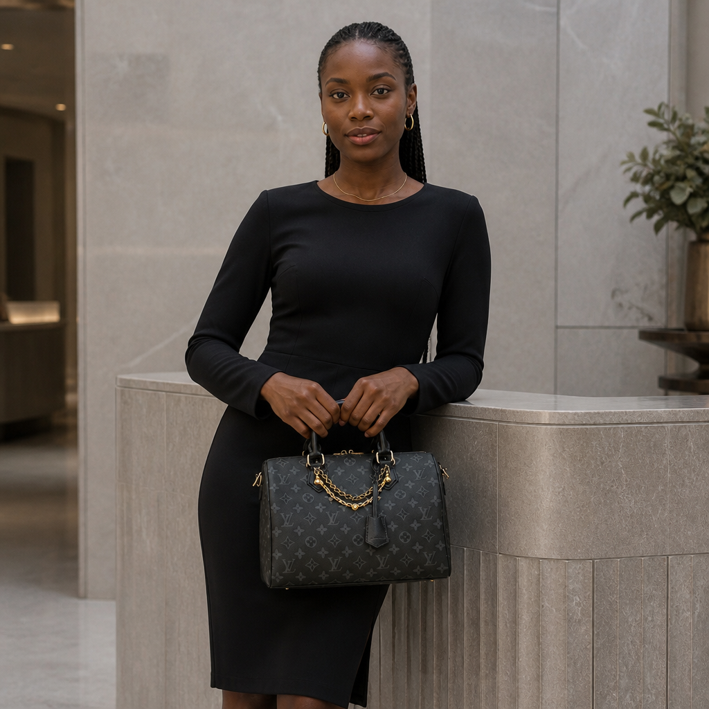 Draped Chain Monogram Satchel — model b editorial — Black & Gray Monogram — Gold Chain — Ref 40