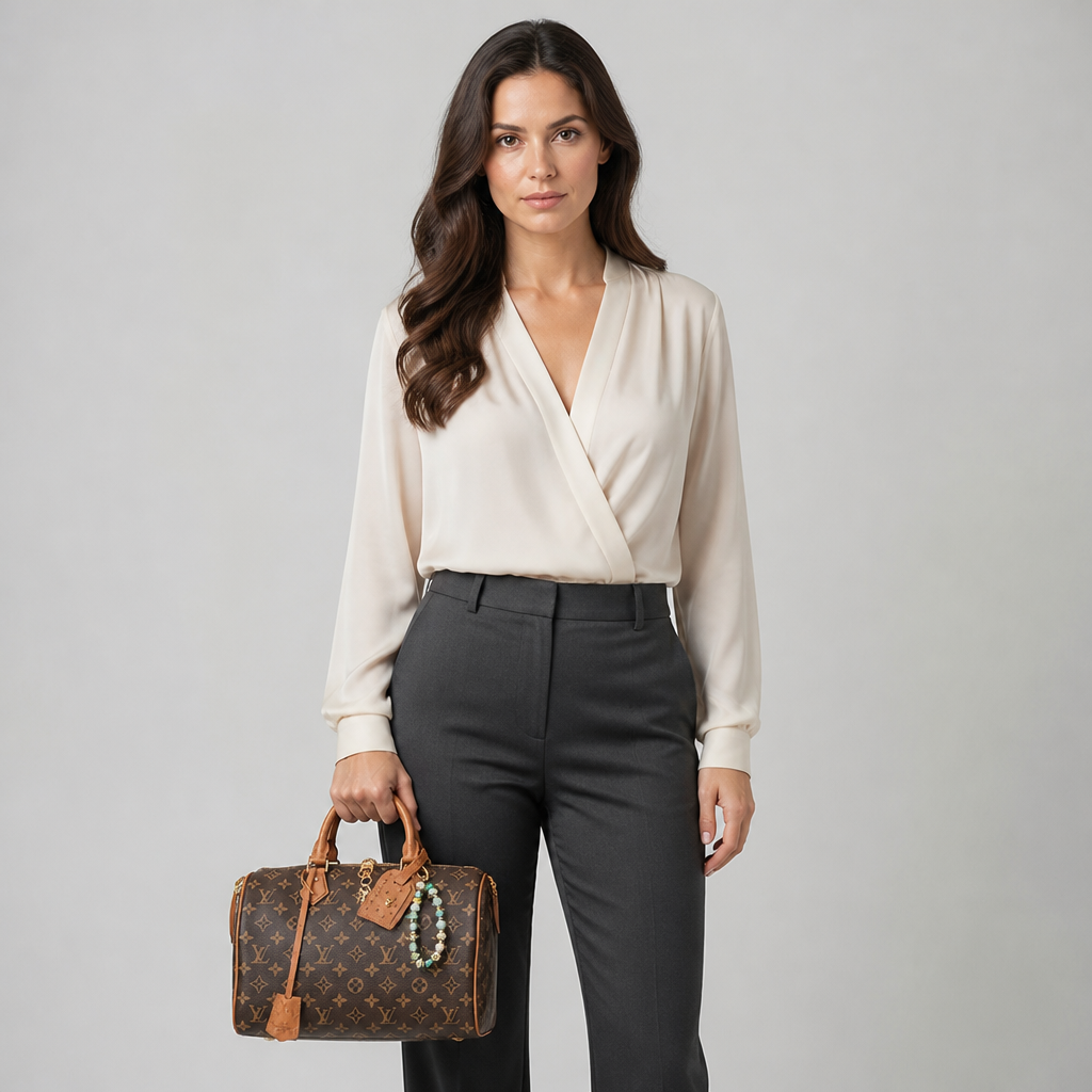 Beaded Charm Monogram Satchel — model a studio — Brown Monogram — Beaded Charm