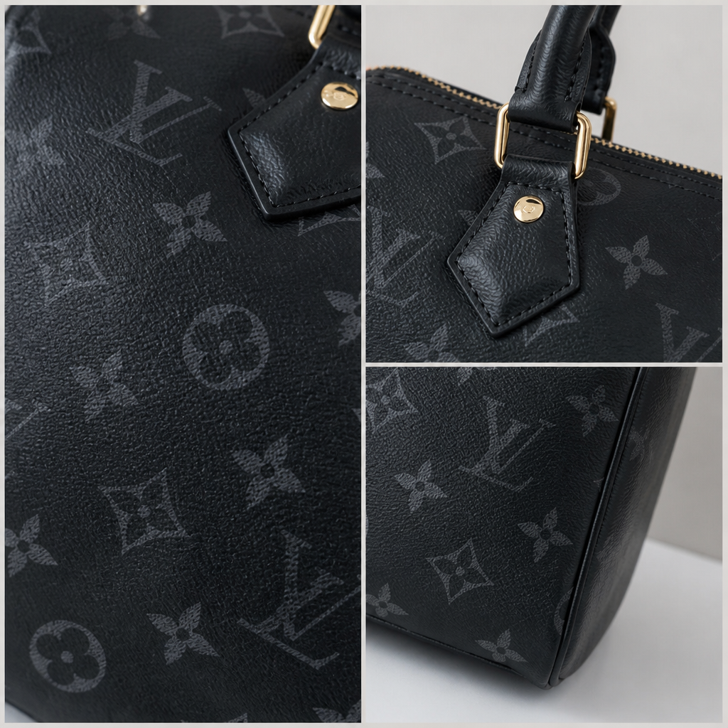 Round Link Chain Monogram Bag — detail collage — Black & Gray Monogram — Round-Link Chain