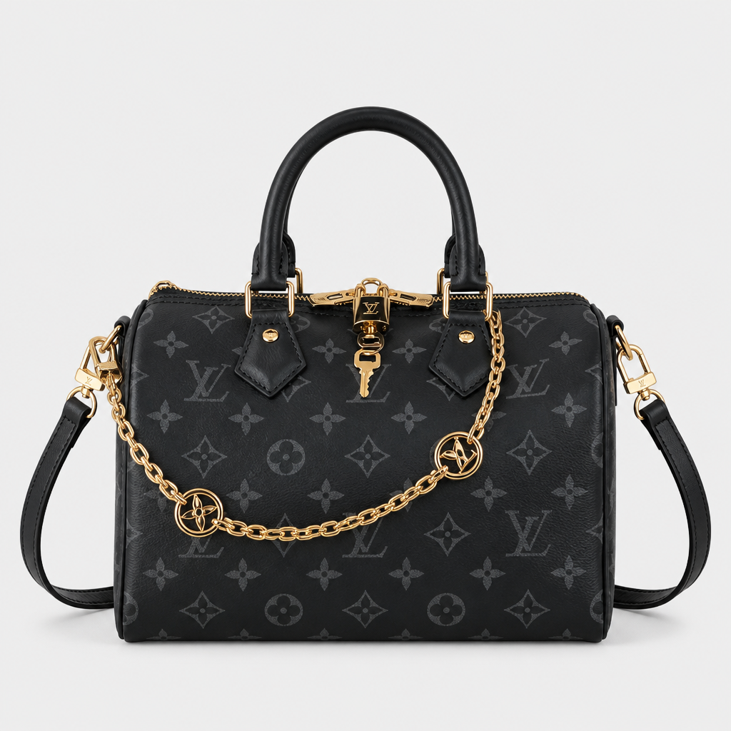 Round Link Chain Monogram Bag — front 1 — Black & Gray Monogram — Round-Link Chain