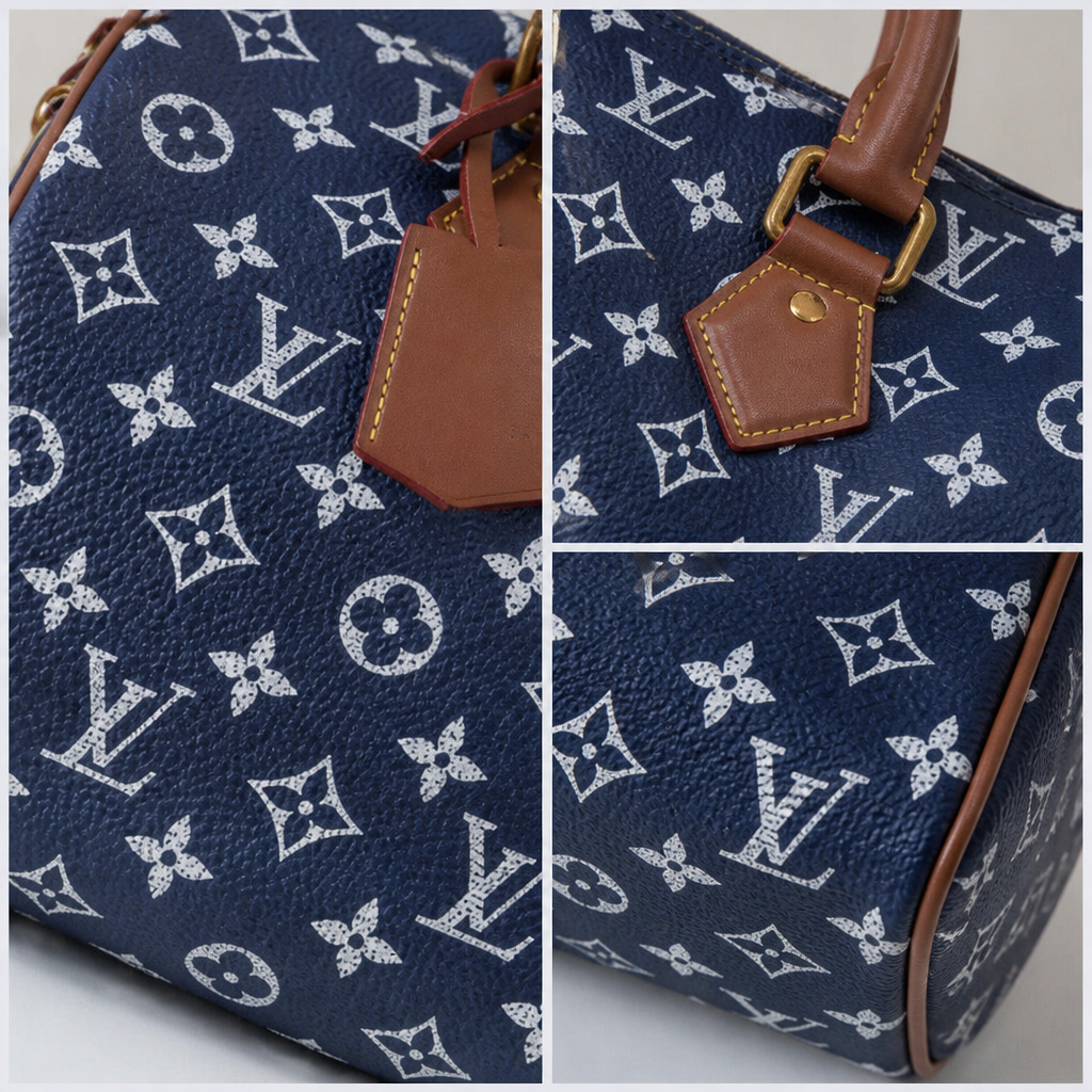 Colorful Monogram Angular Satchel — detail collage — Navy & White Monogram — Brown Trim — Ref 192