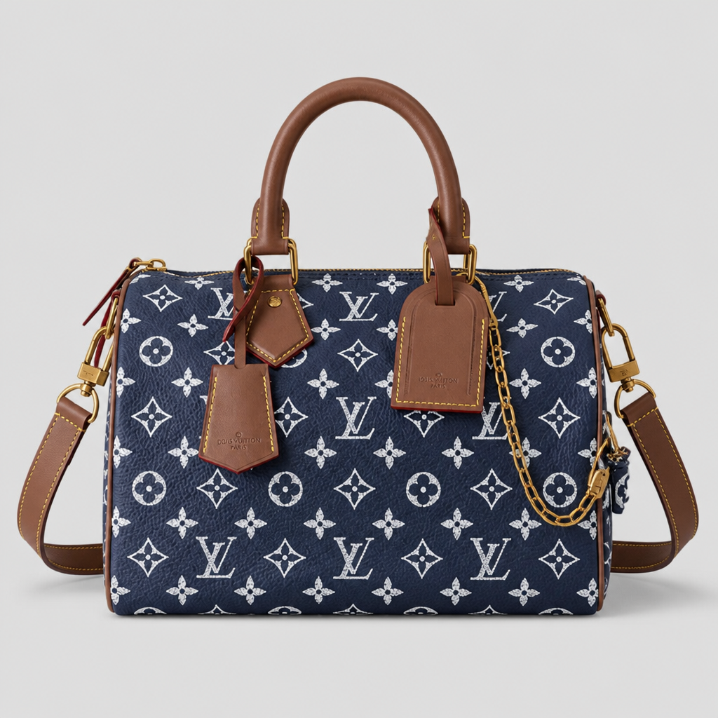 Colorful Monogram Angular Satchel — front 1 — Navy & White Monogram — Brown Trim — Ref 192
