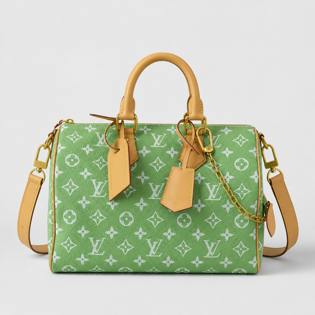 Colorful Monogram Angular Satchel — front 10 — Green & White Monogram — Tan Trim — Ref 201