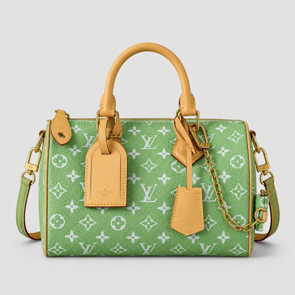 Colorful Monogram Angular Satchel — front 11 — Green & White Monogram — Tan Trim — Ref 202