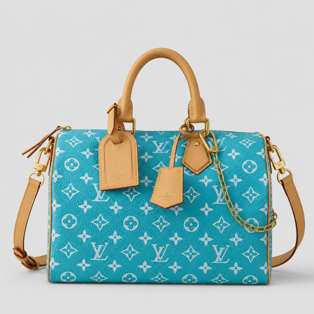 Colorful Monogram Angular Satchel — front 12 — Turquoise & White Monogram — Tan Trim — Ref 203