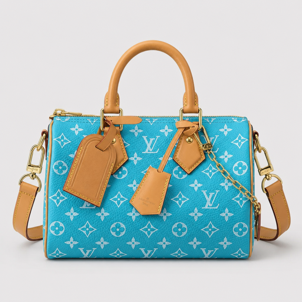 Colorful Monogram Angular Satchel — front 13 — Turquoise & White Monogram — Tan Trim — Ref 204