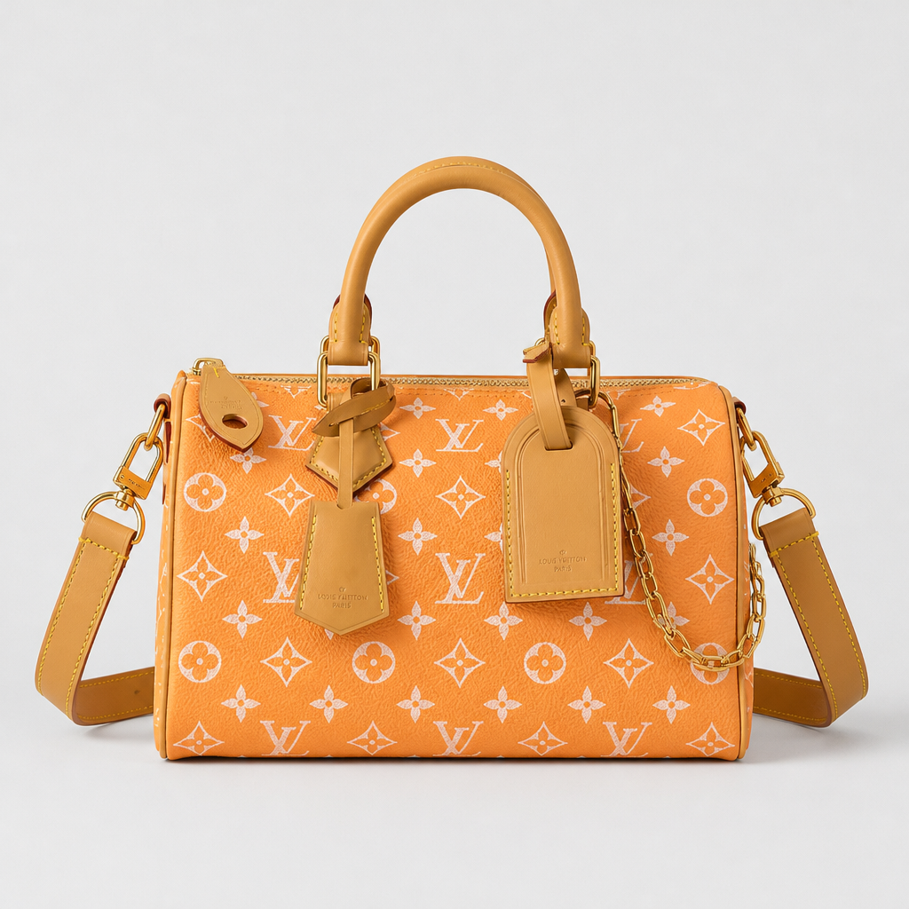Colorful Monogram Angular Satchel — front 15 — Orange & White Monogram — Tan Trim — Ref 206