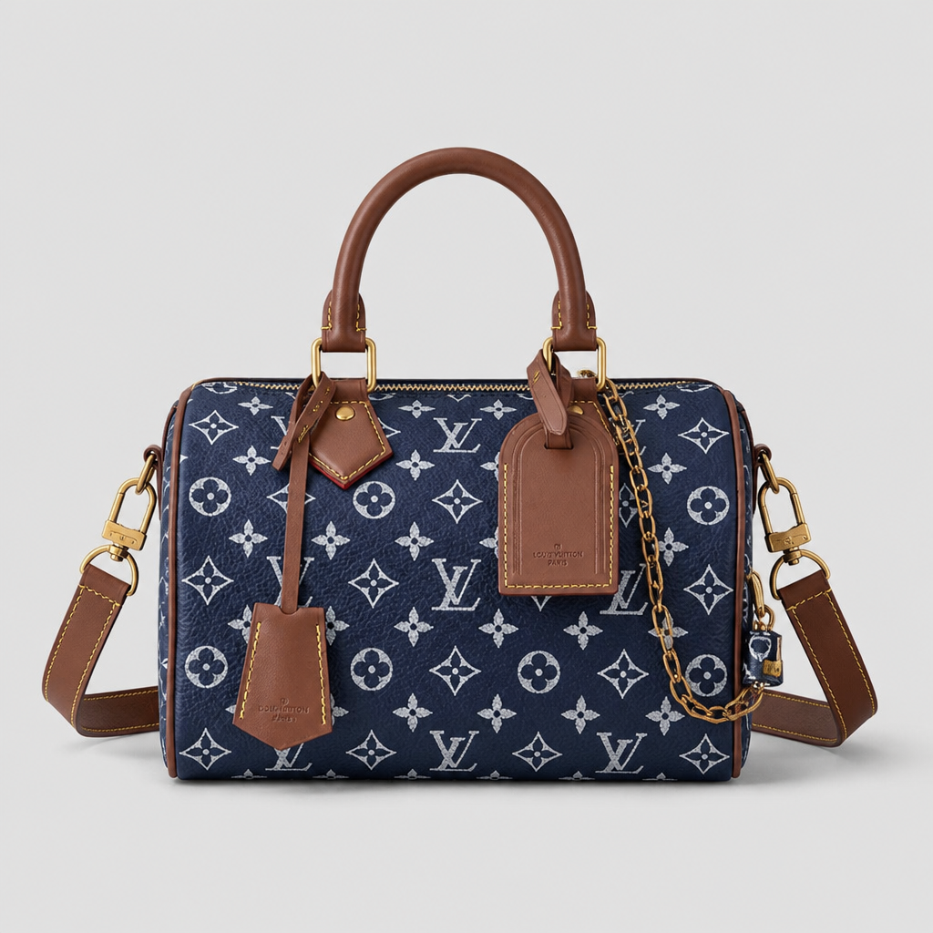 Colorful Monogram Angular Satchel — front 2 — Navy & White Monogram — Brown Trim — Ref 193