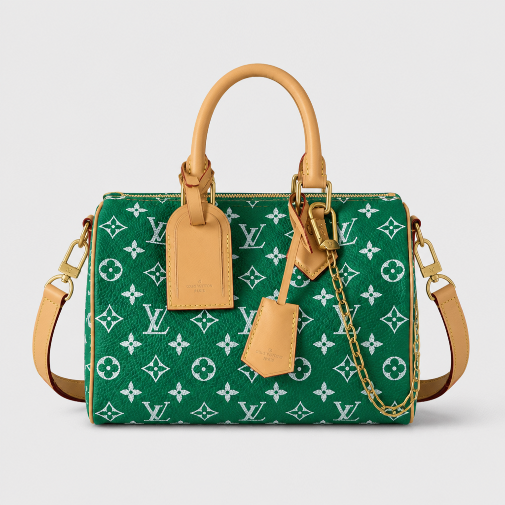 Colorful Monogram Angular Satchel — front 20 — Emerald & White Monogram — Tan Trim — Ref 211