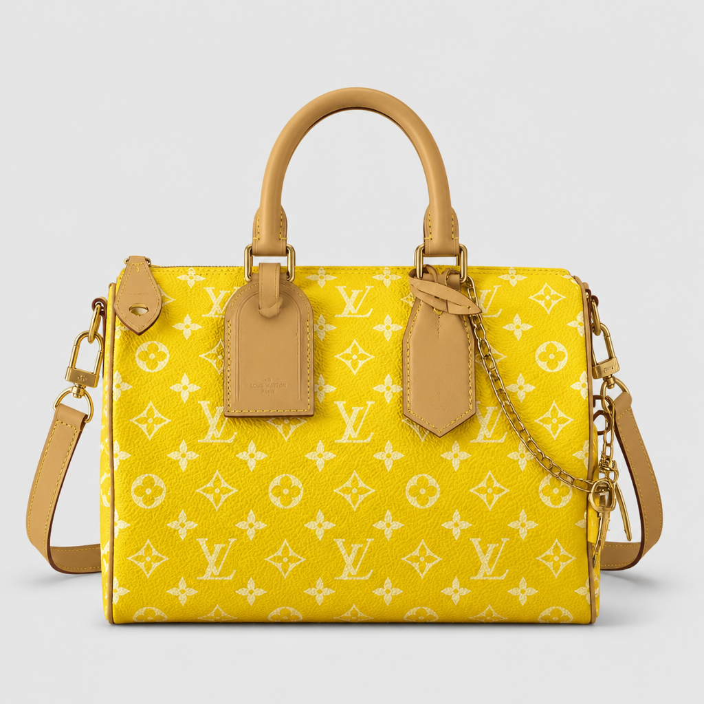 Colorful Monogram Angular Satchel — front 21 — Yellow & White Monogram — Tan Trim — Ref 212
