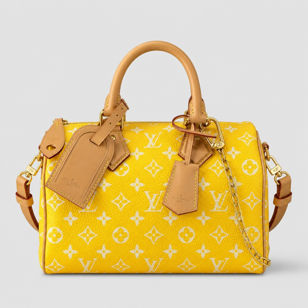 Colorful Monogram Angular Satchel — front 22 — Yellow & White Monogram — Tan Trim — Ref 213