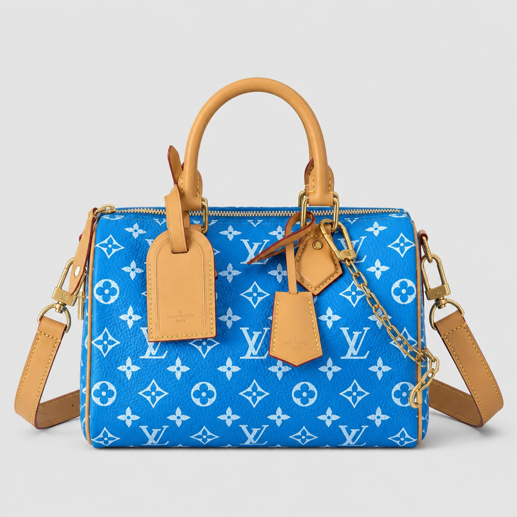 Colorful Monogram Angular Satchel — front 26 — Blue & White Monogram — Tan Trim — Ref 217