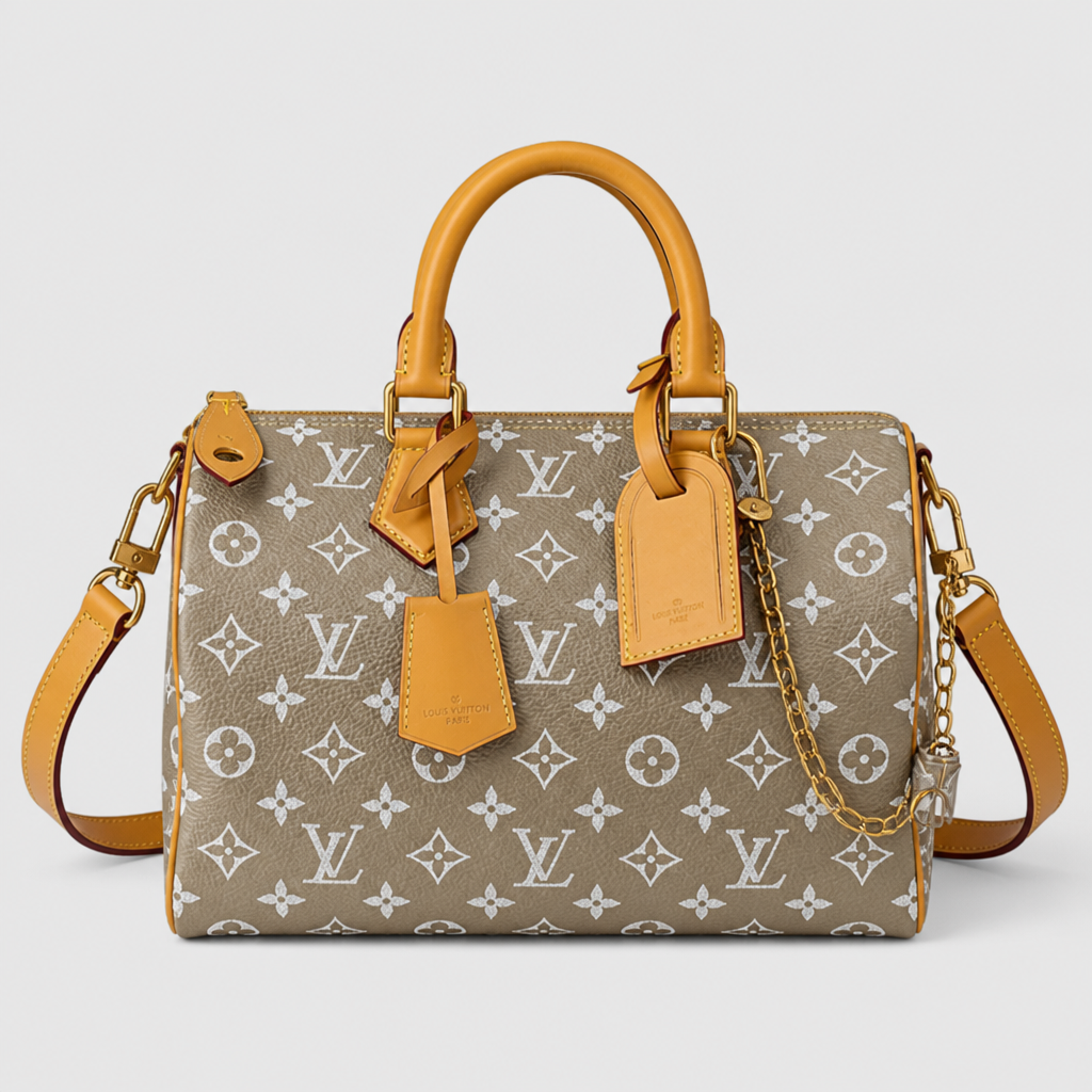 Colorful Monogram Angular Satchel — front 3 — Taupe & White Monogram — Tan Trim — Ref 194
