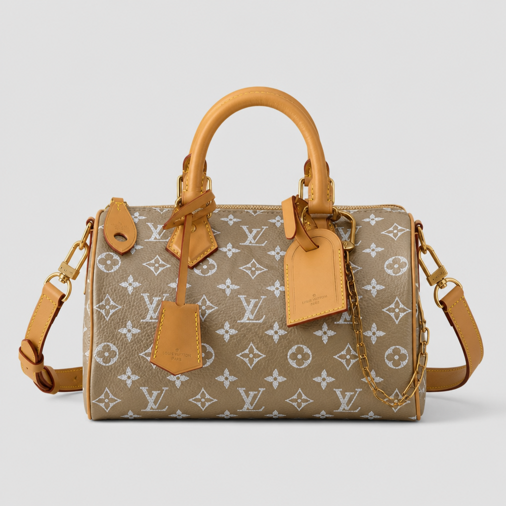 Colorful Monogram Angular Satchel — front 4 — Taupe & White Monogram — Tan Trim — Ref 195