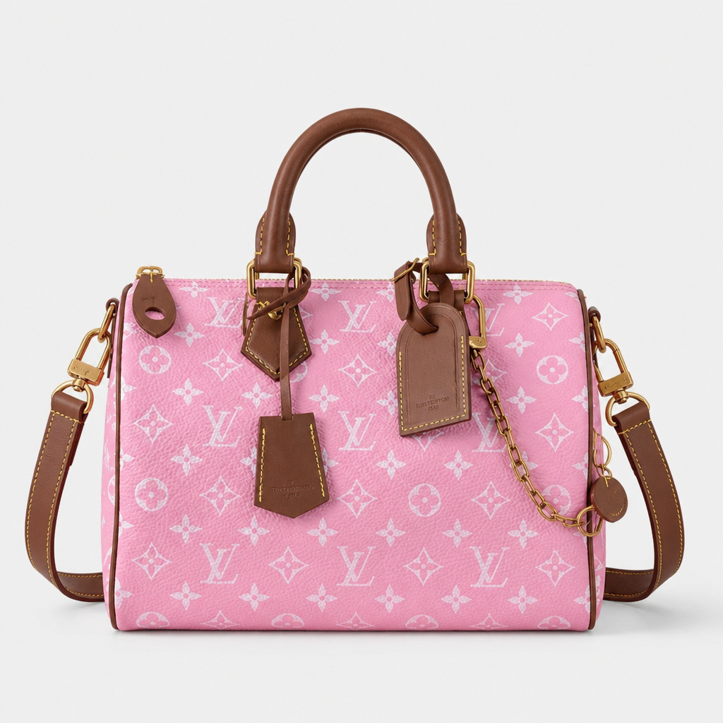 Colorful Monogram Angular Satchel — front 7 — Pink & White Monogram — Brown Trim — Ref 198