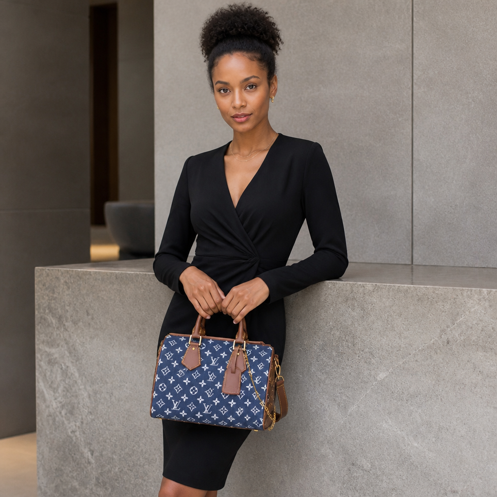 Colorful Monogram Angular Satchel — model b editorial — Navy & White Monogram — Brown Trim — Ref 192