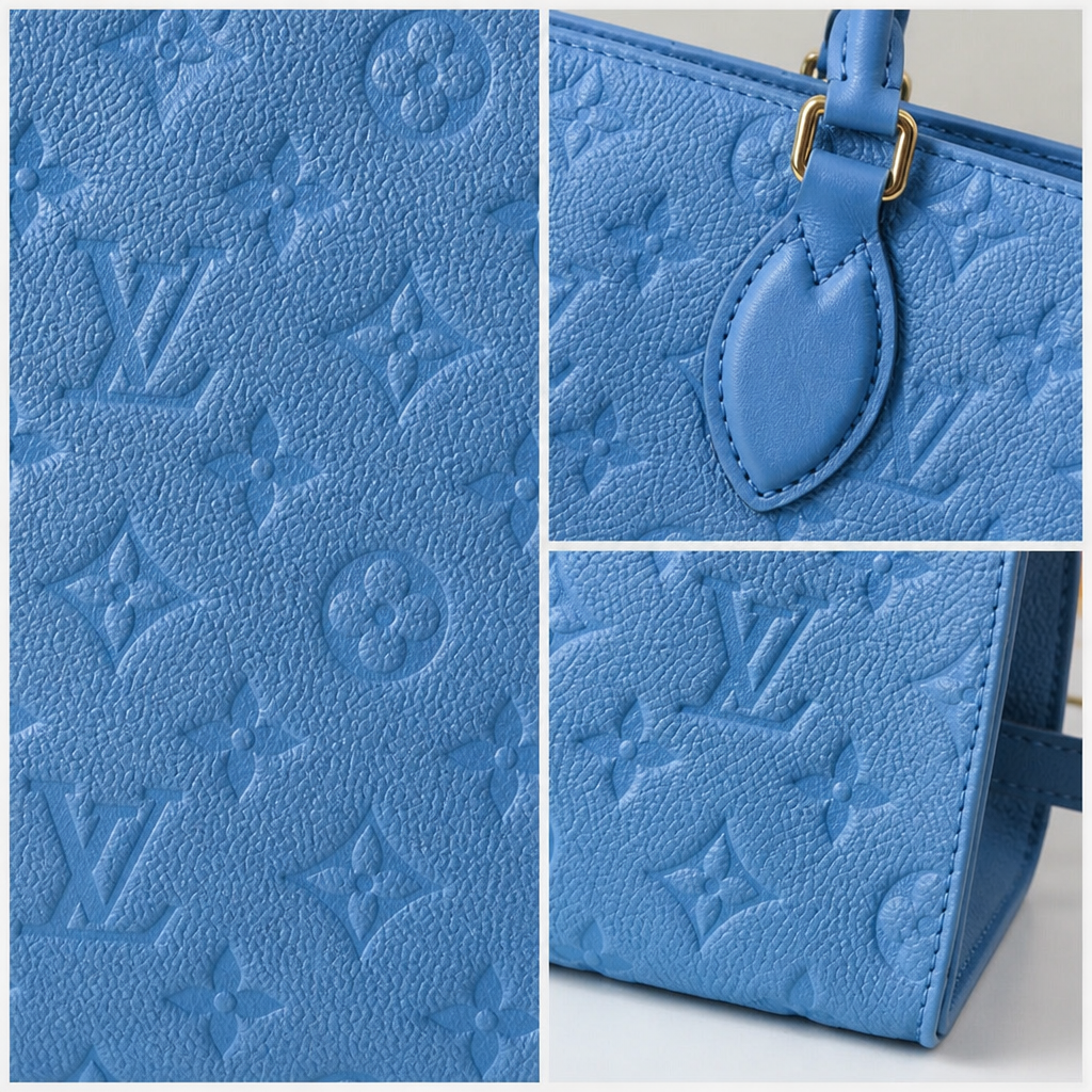 Oversized Monogram Tote Bag — Material, stitching and monogram detail collage — Blue Embossed