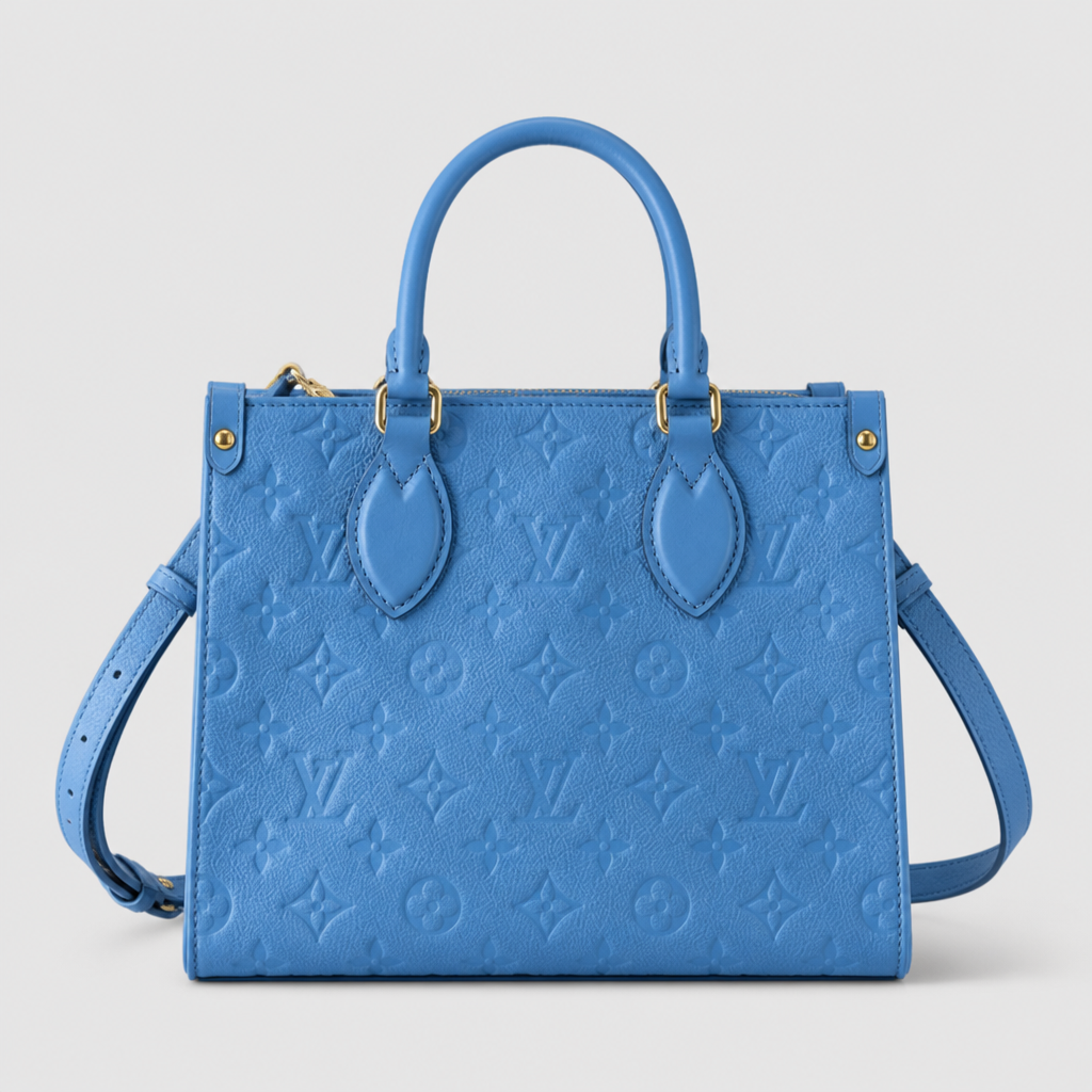 Oversized Monogram Tote Bag — Straight front — Blue Embossed