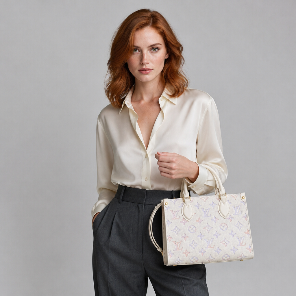 Oversized Monogram Tote Bag — model a studio — Cream & Pastel Monogram