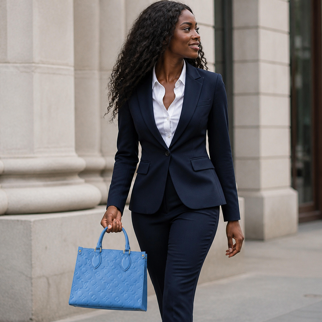 Oversized Monogram Tote Bag — model b walking — Blue Embossed
