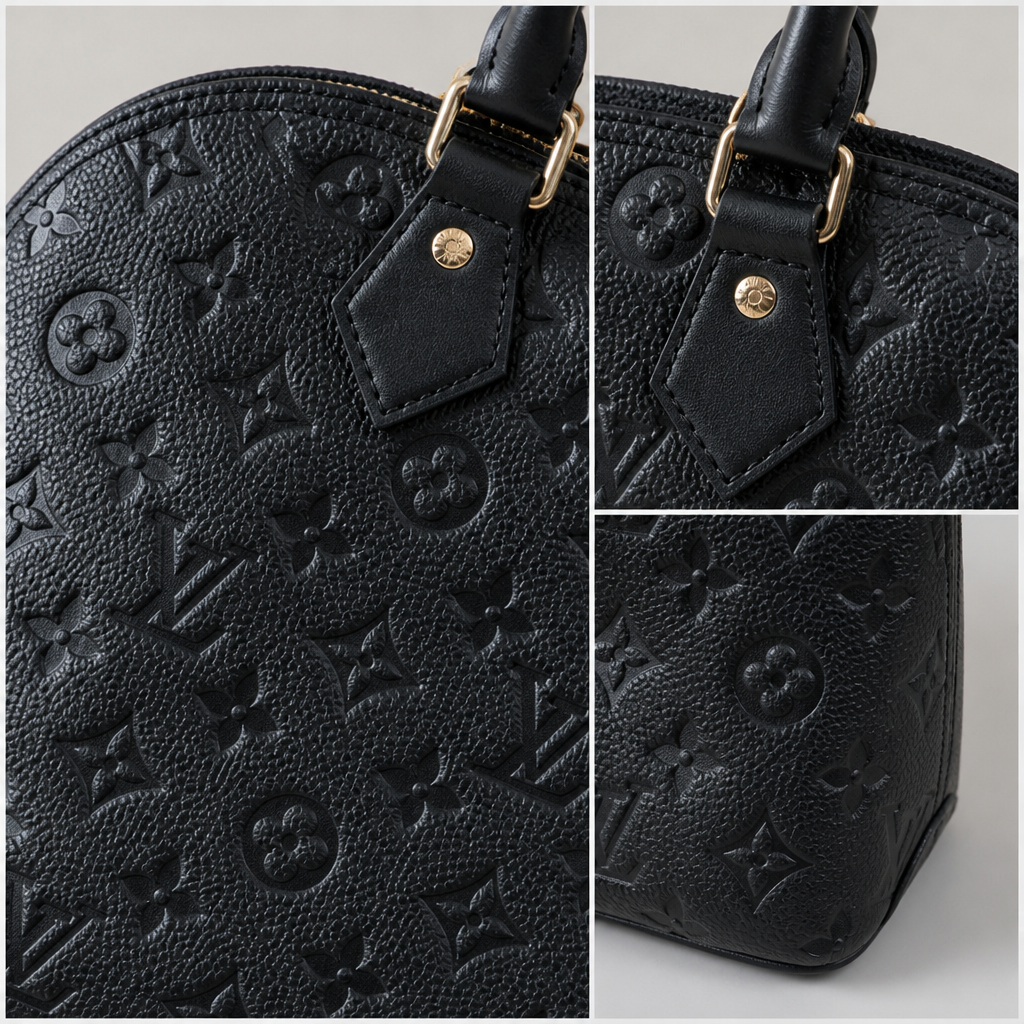 Monogram Dome Top Handle Bag — Material, stitching and monogram detail collage — Black Embossed