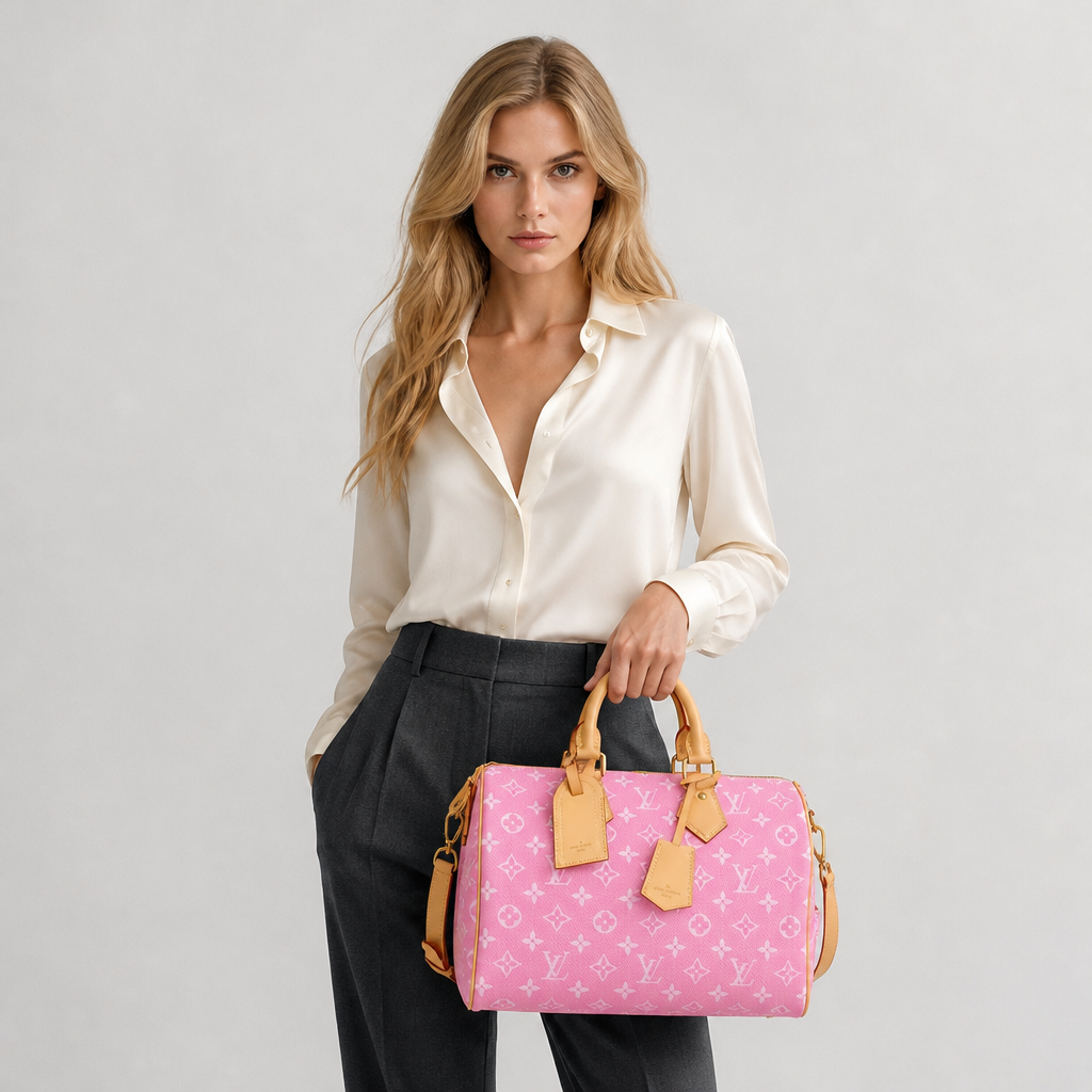 Monogram Dome Top Handle Bag — model a studio — Pink Monogram