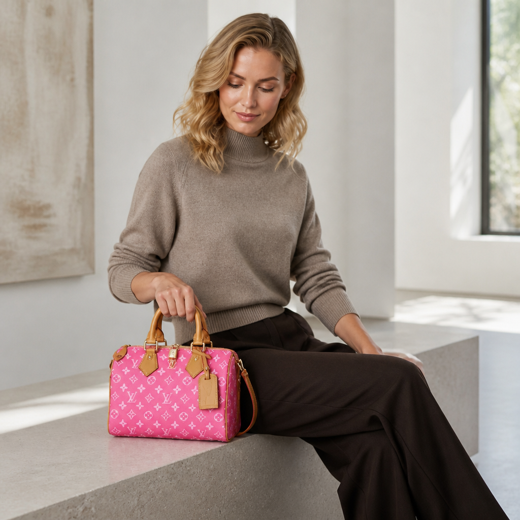 Pink Monogram Angular Handbag — model a lifestyle — Magenta Monogram