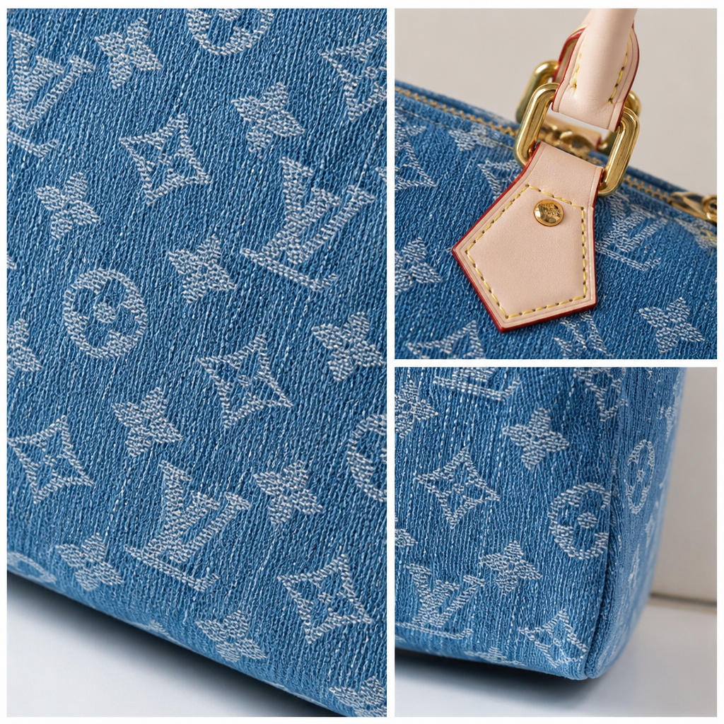 Blue Monogram White Handle Bag — detail collage — Blue Monogram — White Handles