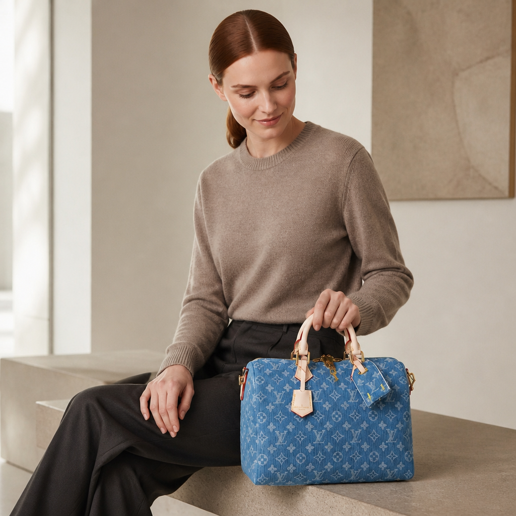 Blue Monogram White Handle Bag — model a lifestyle — Blue Monogram — White Handles