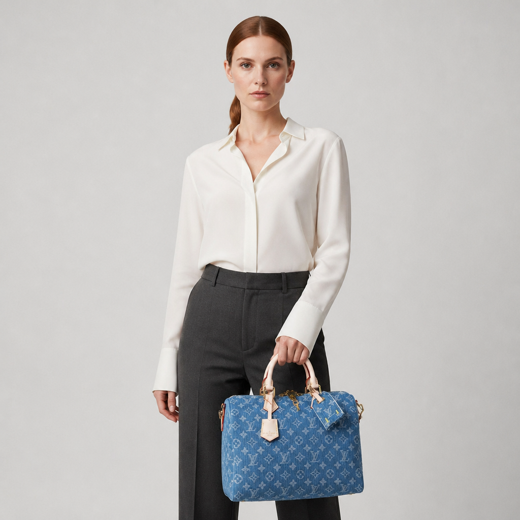 Blue Monogram White Handle Bag — model a studio — Blue Monogram — White Handles