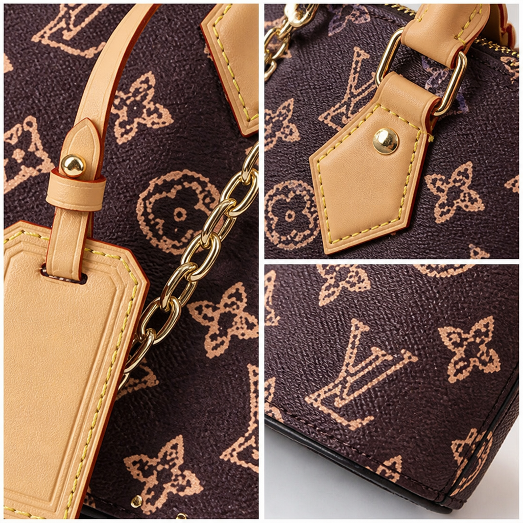 Corner Plate Monogram Satchel — detail collage — Brown & Pink Monogram — Corner Plates — Ref 27