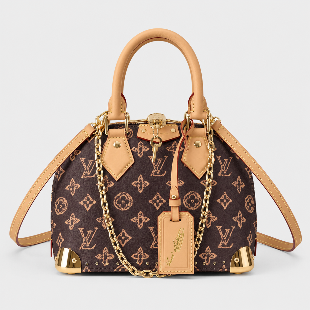 Corner Plate Monogram Satchel — front 1 — Brown & Pink Monogram — Corner Plates — Ref 27