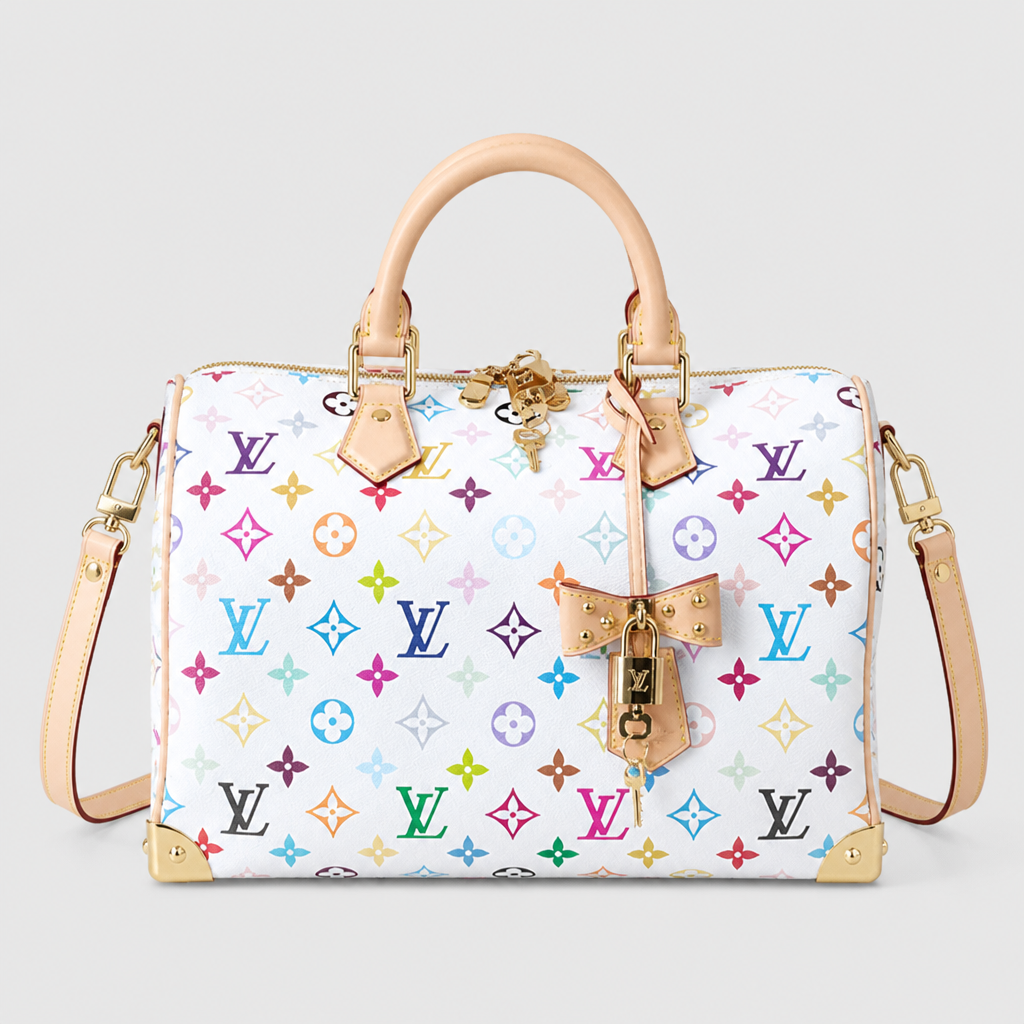 Corner Plate Monogram Satchel — front 2 — White Multicolor Monogram — Corner Plates — Ref 30