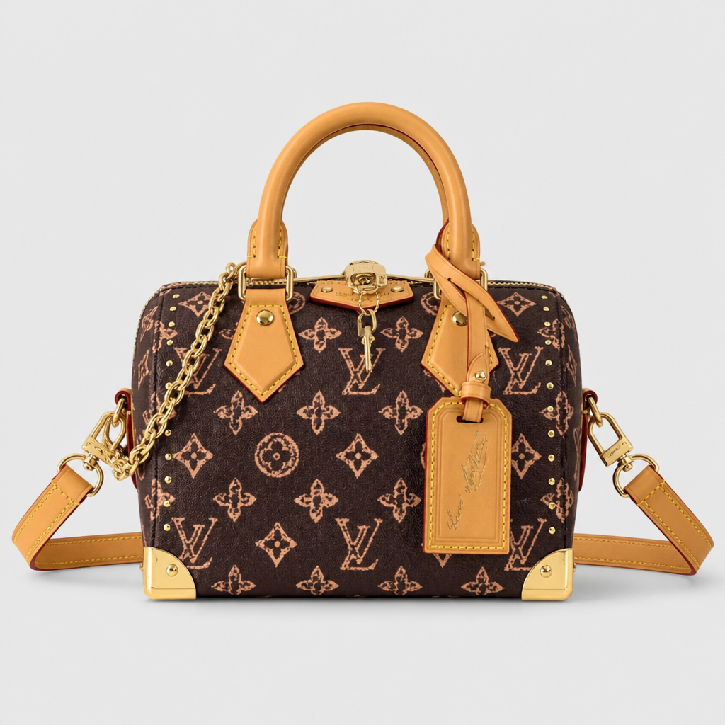 Corner Plate Monogram Satchel — front 3 — Brown & Pink Monogram — Corner Plates — Ref 67
