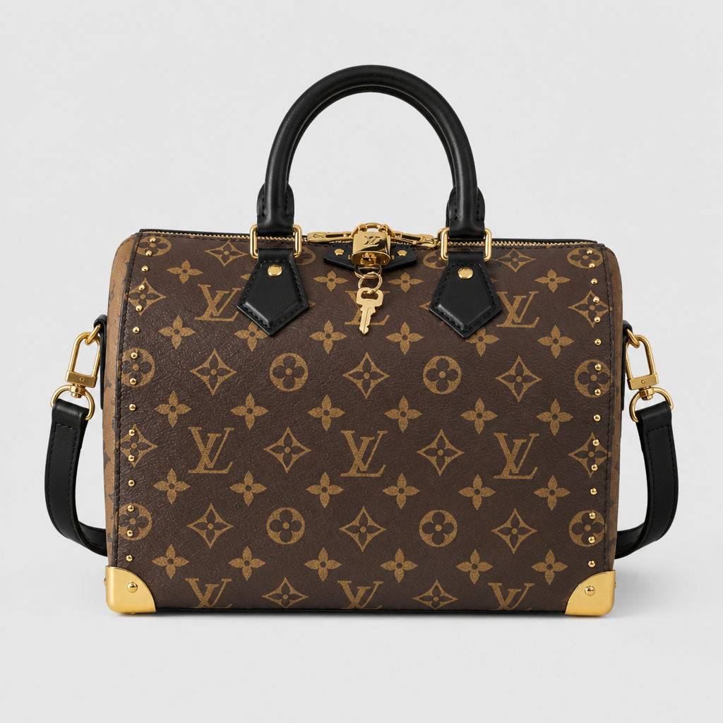 Corner Plate Monogram Satchel — front 4 — Brown Monogram — Black Handles & Corner Plates — Ref 169