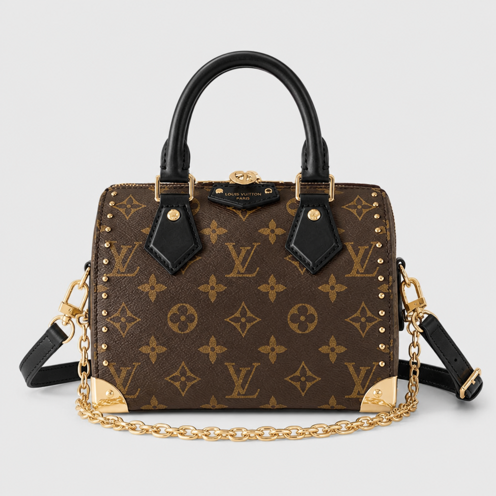Corner Plate Monogram Satchel — front 5 — Brown Monogram — Black Handles & Corner Plates — Ref 170