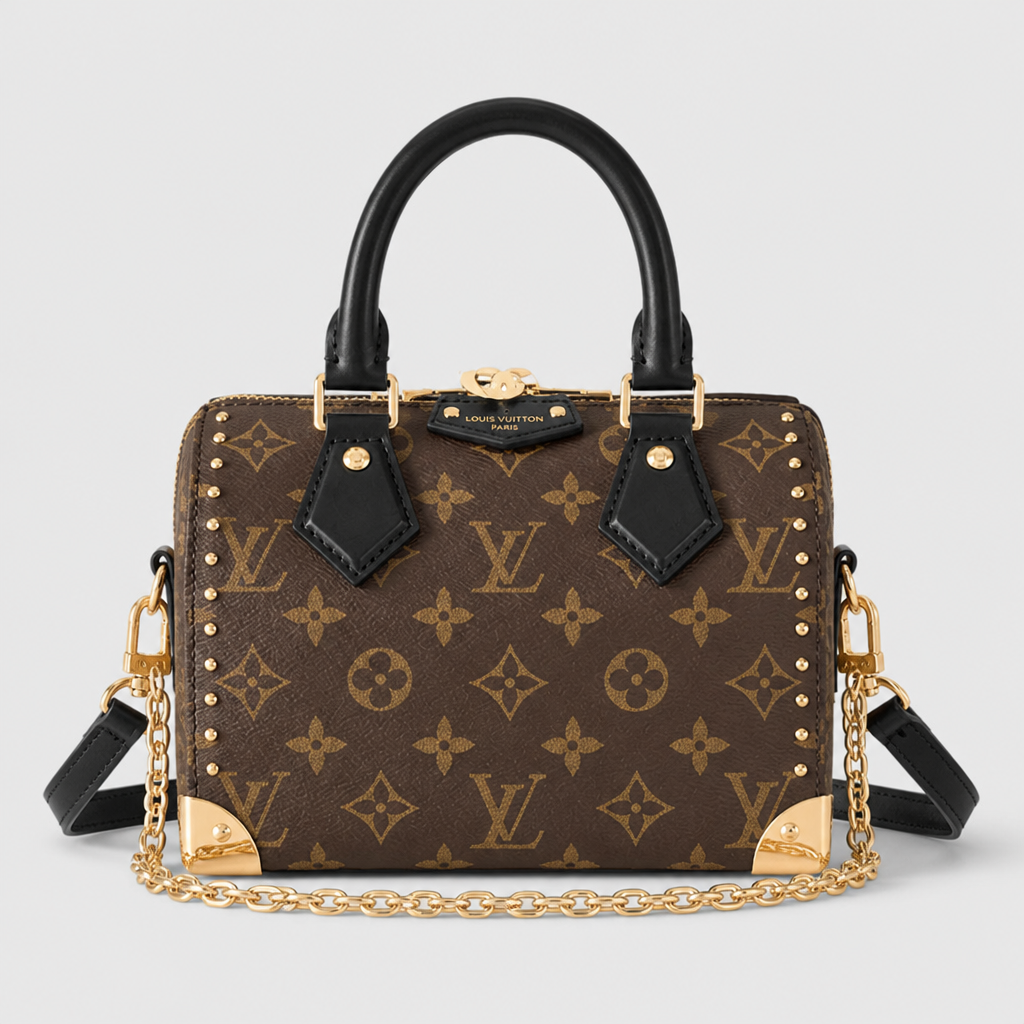 Corner Plate Monogram Satchel — front 6 — Brown Monogram — Black Handles & Corner Plates — Ref 171