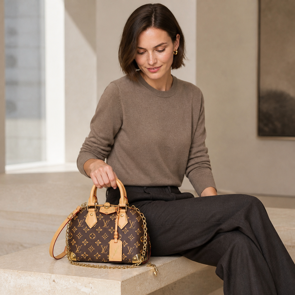 Corner Plate Monogram Satchel — model a lifestyle — Brown Monogram — Tan Handles & Corner Plates