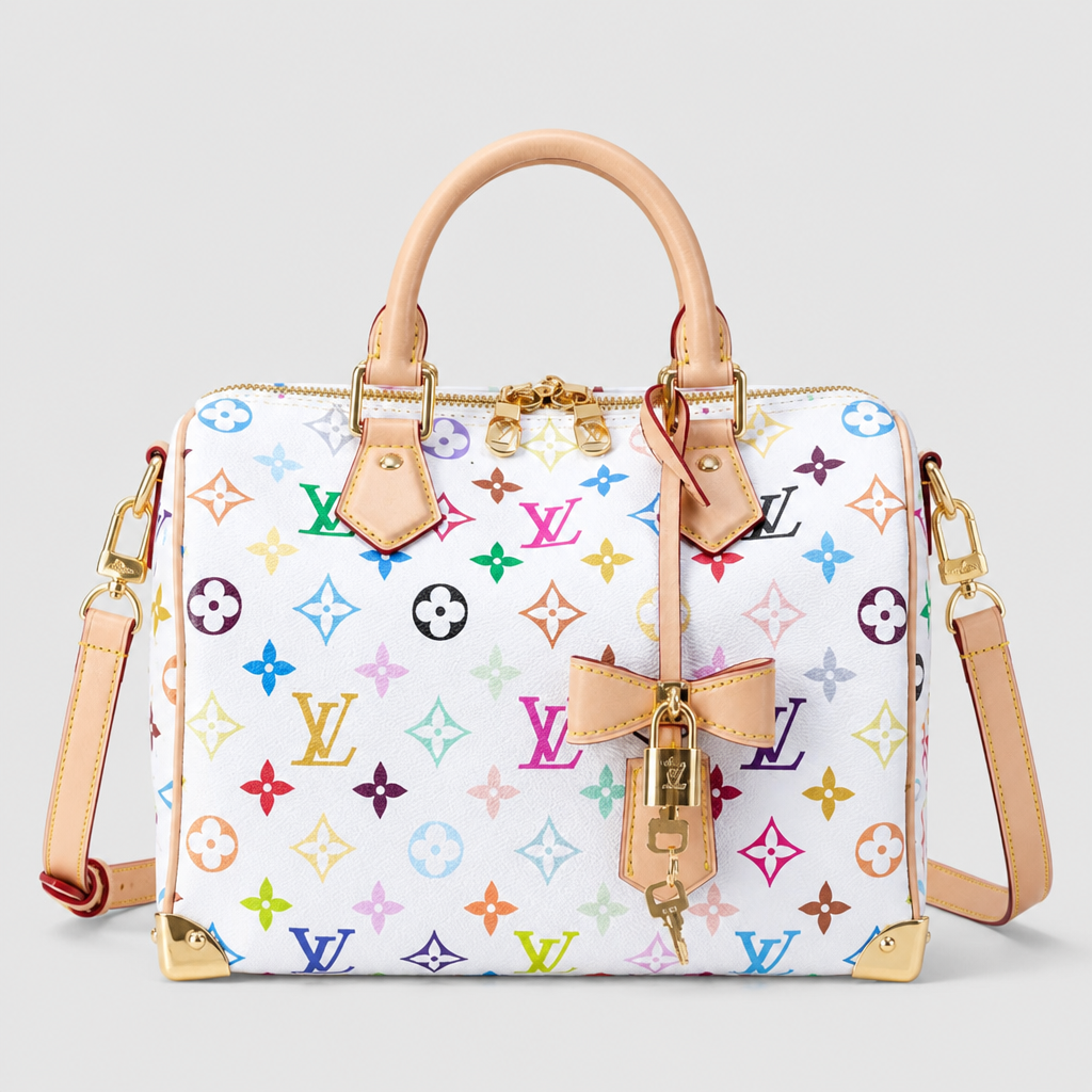 Multicolor Buckle Trim Handbag — front 1 — White Multicolor Monogram — Buckle Trim