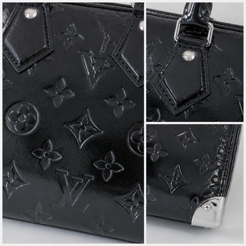 Black Embossed Silver Trim Bag — detail collage — Black Embossed Monogram — Silver Corner Plates