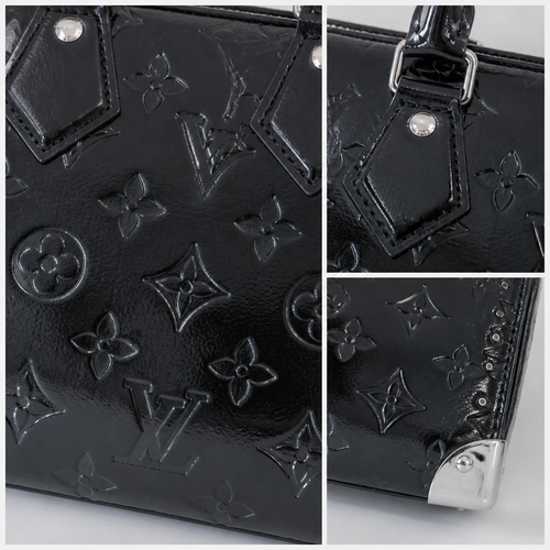 Black Embossed Silver Trim Bag — detail collage — Black Embossed Monogram — Silver Corner Plates